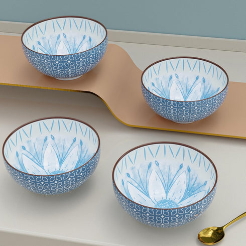 Blue Flower Printed Bowl Set of 4, 330 ML